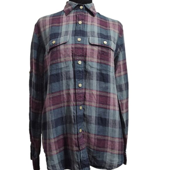Lauren Ralph Lauren RN54050 100 % Linen Plaid Light Weight Flannel Women's Small - Picture 2 of 7